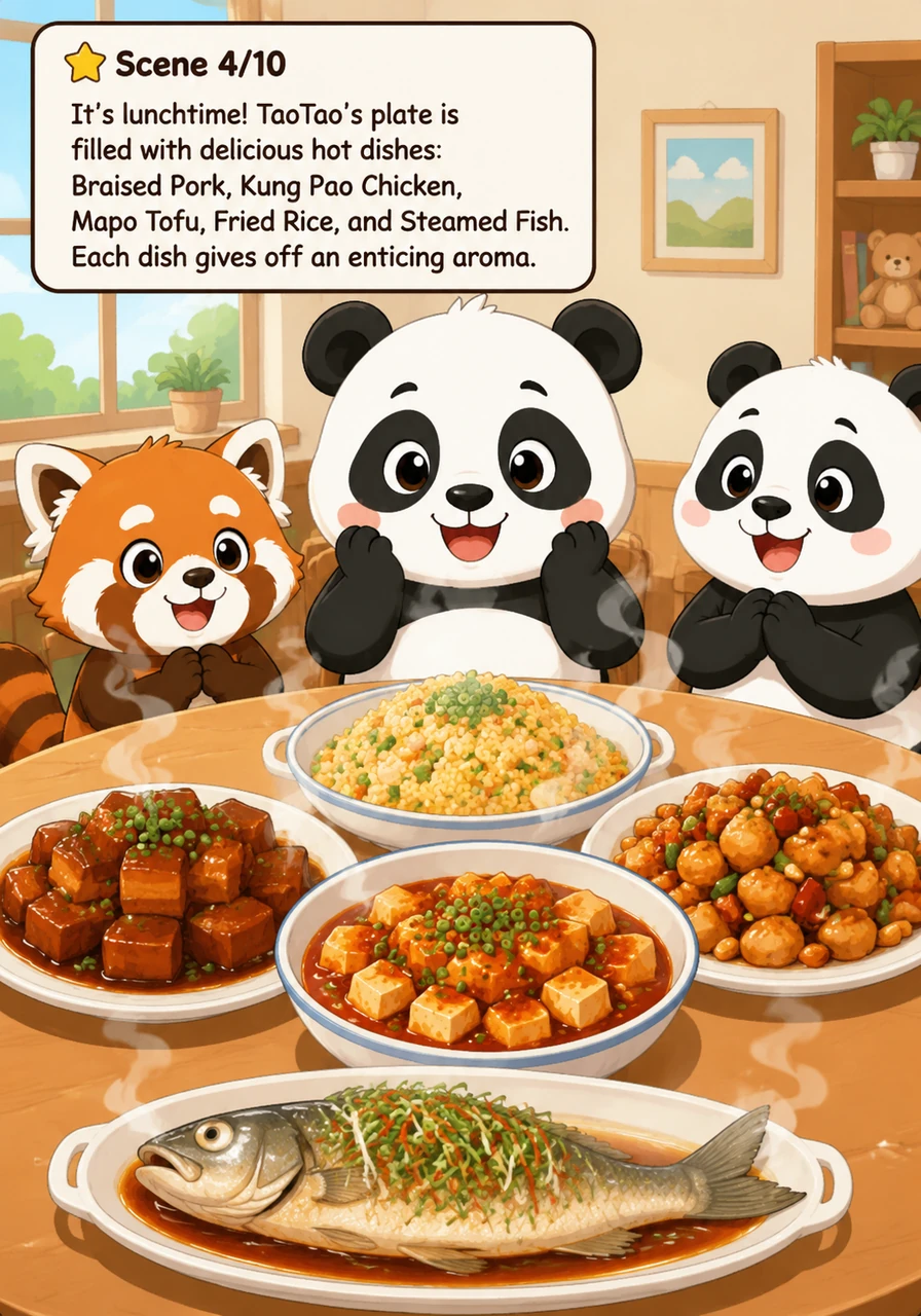午餐时间到了，淘淘的盘子里装满了丰盛的热菜：红烧肉（hongshaorou）、宫保鸡丁（gongbaojiding）、麻婆豆腐（mapodoufu）、炒饭（chaofan）、清蒸鱼（qingzhengyu）。每一道菜都散发着诱人的香味。