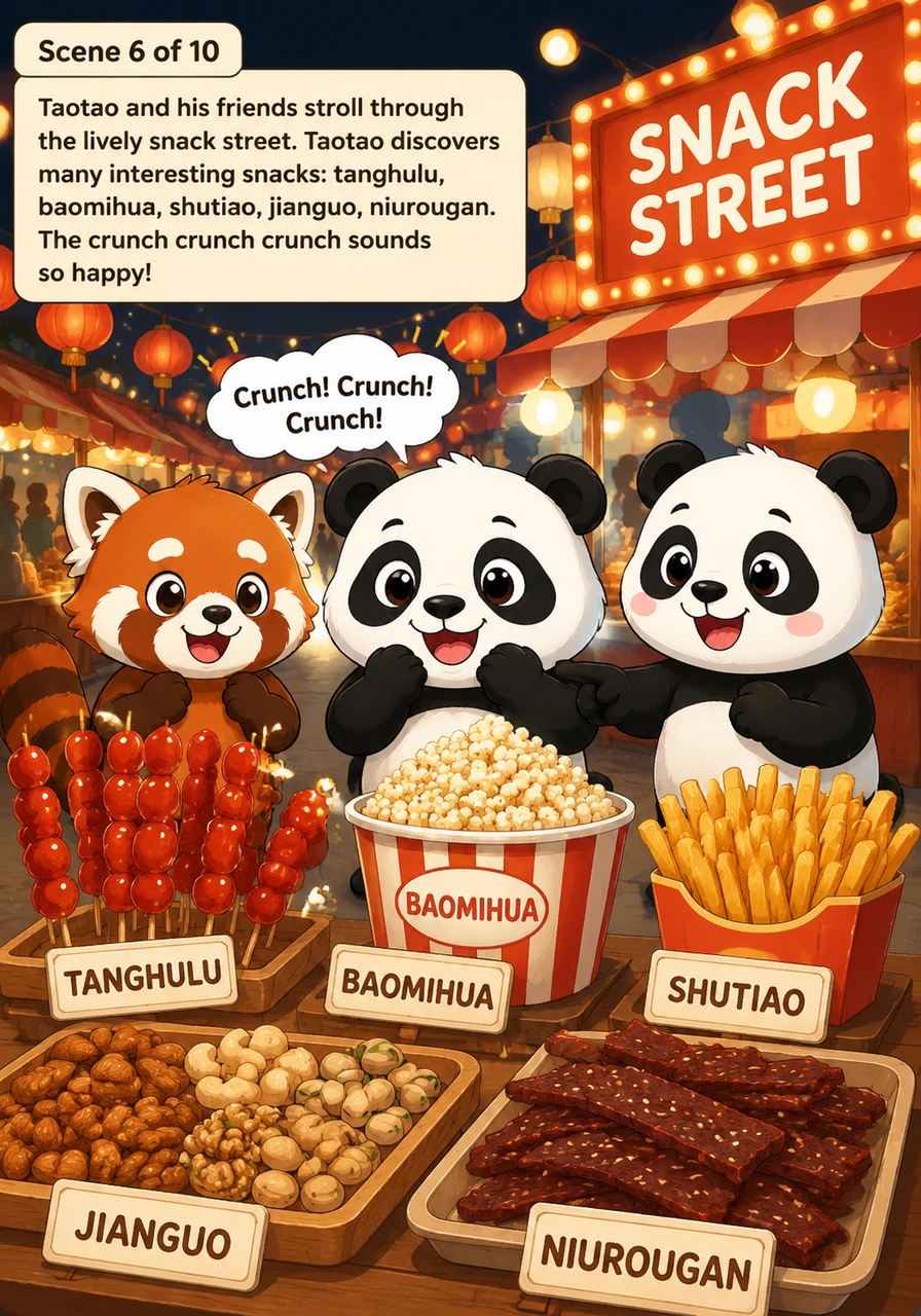 漫步在热闹的小吃街上，淘淘发现了许多有趣的零食：糖葫芦（tanghulu）、爆米花（baomihua）、薯条（shutiao）、坚果（jianguo）、牛肉干（niurougan）。咔嚓咔嚓的声音听起来真快乐。