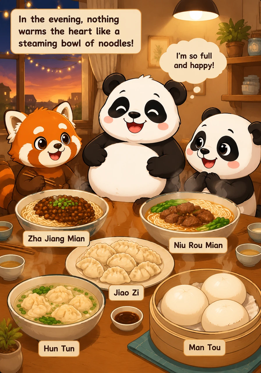 傍晚时分，一碗热气腾腾的面食最能温暖人心：炸酱面（zhajiangmian）、牛肉面（niuroumian）、饺子（jiaozi）、馄饨（huntun）、馒头（mantou）。淘淘吃得肚子圆滚滚的。