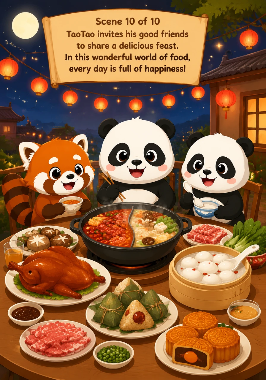 夜幕降临，淘淘邀请好朋友们一起分享美食大餐，桌上还有：火锅（huoguo）、烤鸭（kaoya）、粽子（zongzi）、月饼（yuebing）、汤圆（tangyuan）。在这个美味的世界里，每一天都充满了幸福。