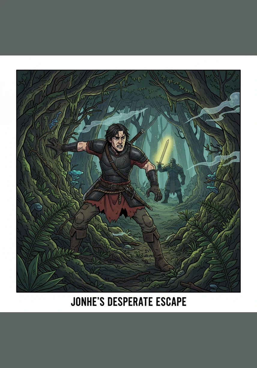 Towering trees with bark like wrinkled skin stretch toward a sky they have long since hidden from view. Jonhe pushes through the dense undergrowth, surrounded by the unsettling echoes of growls and the low, rhythmic hum of a forest that feels alive.