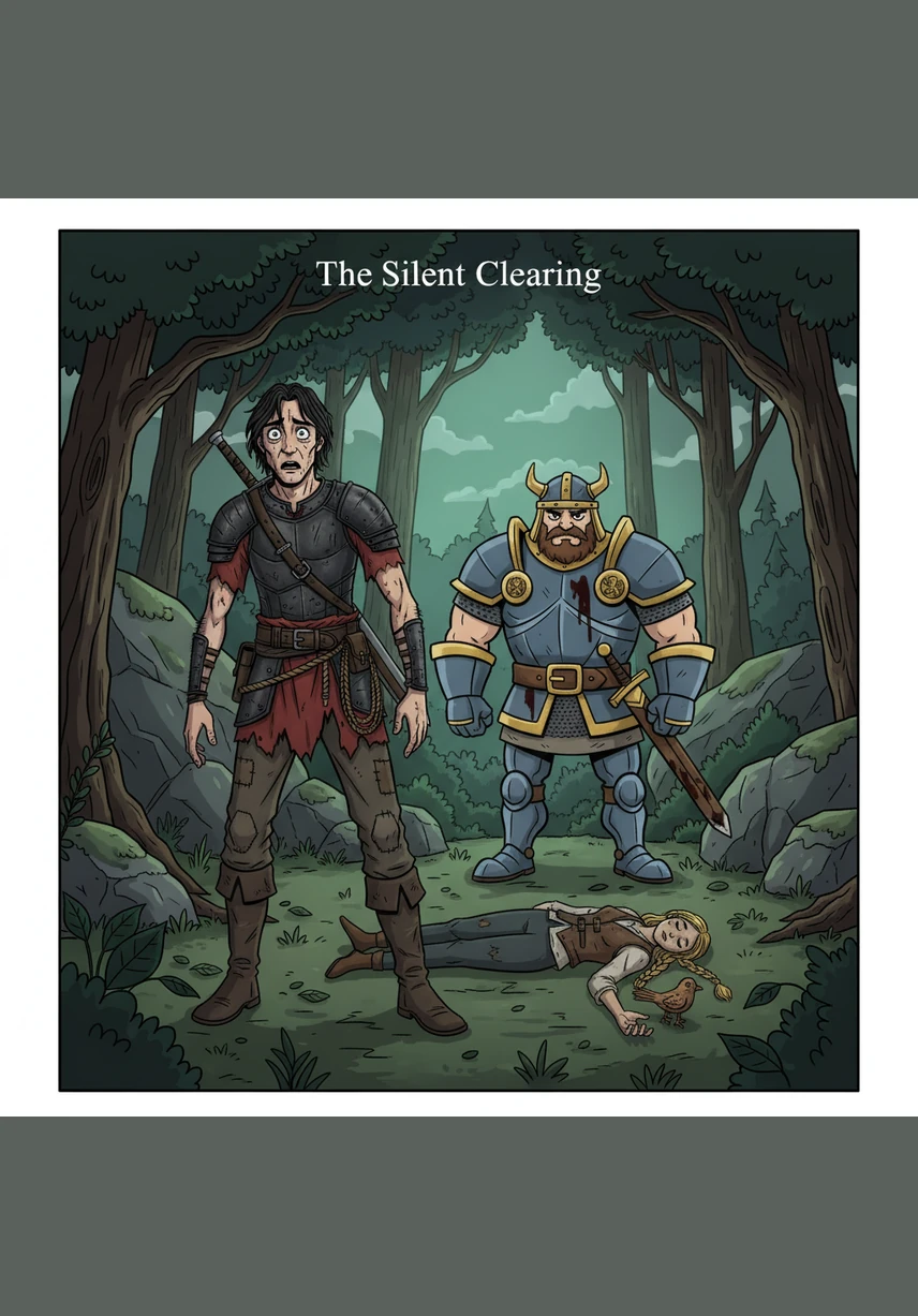 He stumbles into a silent clearing where a gargantuan dead tree stands like a bleached skeleton against the gloom. Between its gnarled, split roots, a strange and vibrant light pulses from the earth, casting long shadows across the moss.