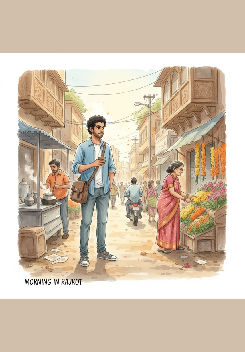 Manas starts his day in the bustling streets of Rajkot, the morning sun casting long shadows as he prepares for another day of lectures. He carries the quiet weight of his family’s hopes in his backpack, blending into the crowd of students heading toward the university.
