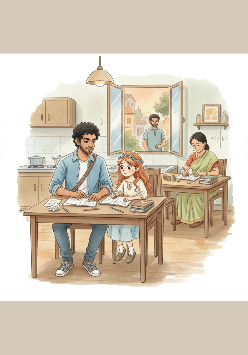 After a long day of classes, Manas returns to his modest home to help his younger sister with her math homework at the kitchen table. His mother moves quietly in the background, carefully managing the household budget, while the sounds of the neighborhood drift through the open window.