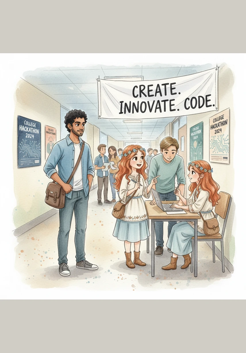 While walking through the college corridor, a vibrant poster for an upcoming hackathon catches his eye, promising a weekend of innovation and problem-solving. Though he doubts his own abilities, a flicker of curiosity pushes him to sign his name on the registration sheet just for the experience.