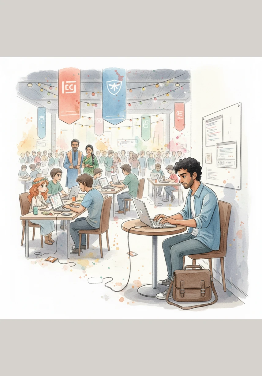 The hackathon venue is a whirlwind of energy, filled with brilliant minds and high-tech gadgets that initially make Manas feel out of place. He finds a quiet corner and begins to work, his fingers hovering over the keyboard as he looks at the problem statement with fresh eyes.