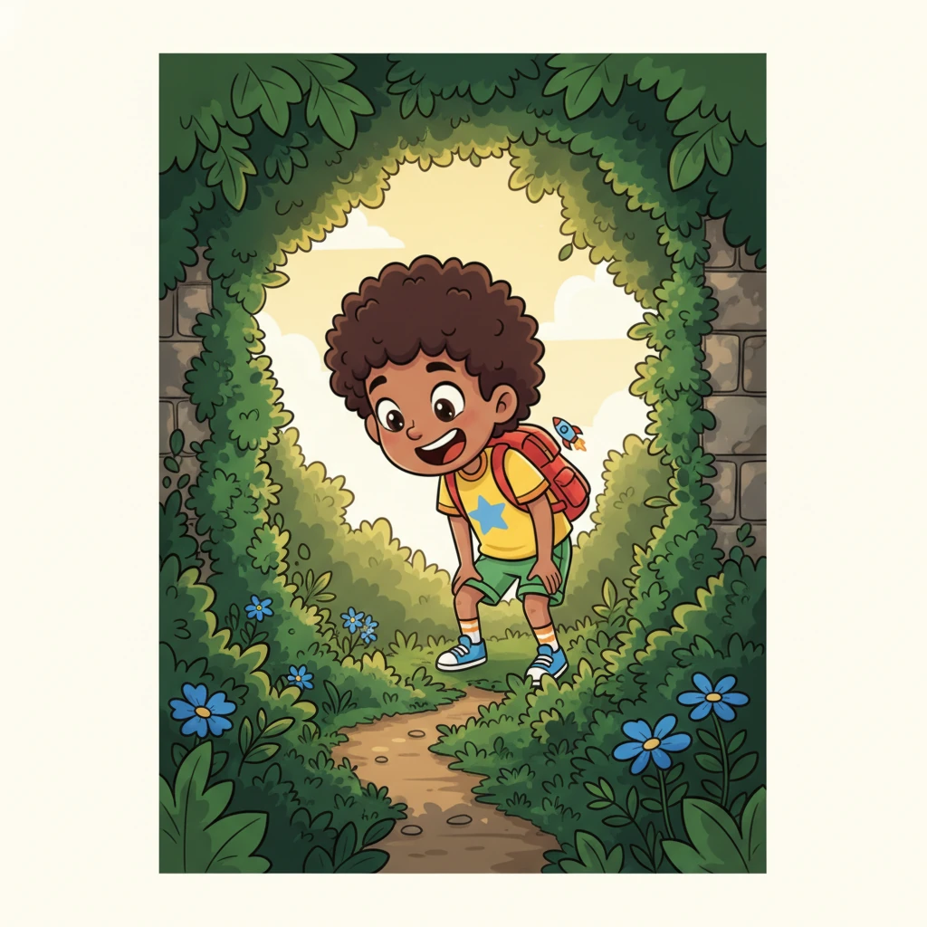 Sofiane loved exploring the big, leafy garden behind his house. One sunny afternoon, a tiny, half-hidden path, barely wider than his foot, peeked out from under a tangle of ivy. It looked like a secret path, leading to who-knows-where, and a little shiver of exciting curiosity danced down his spine.