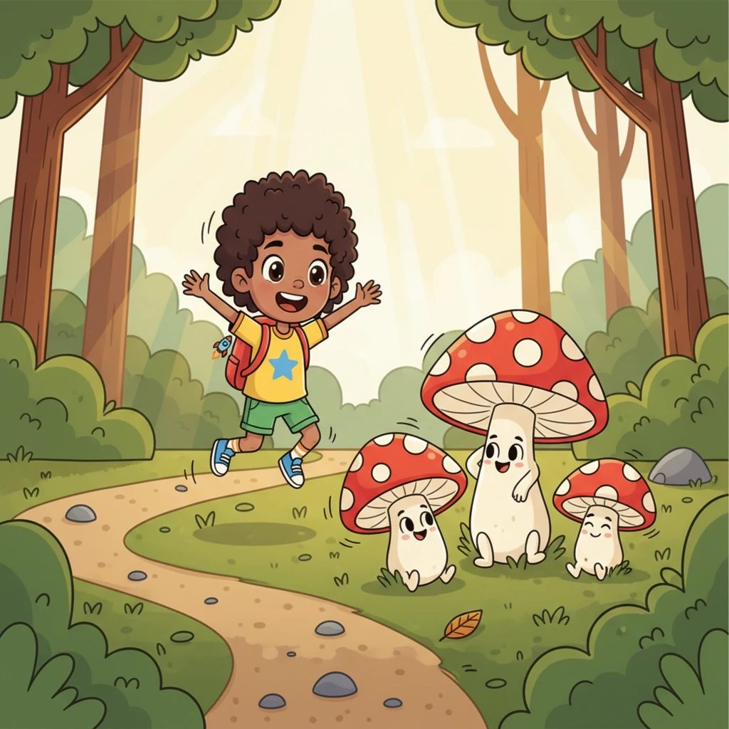 Around the next bend, the path opened up to a clearing bathed in dappled sunlight. Instead of spooky shadows, he found a family of giggling, plump mushrooms with polka-dot caps, bouncing gently in the breeze. They looked so friendly and fun!