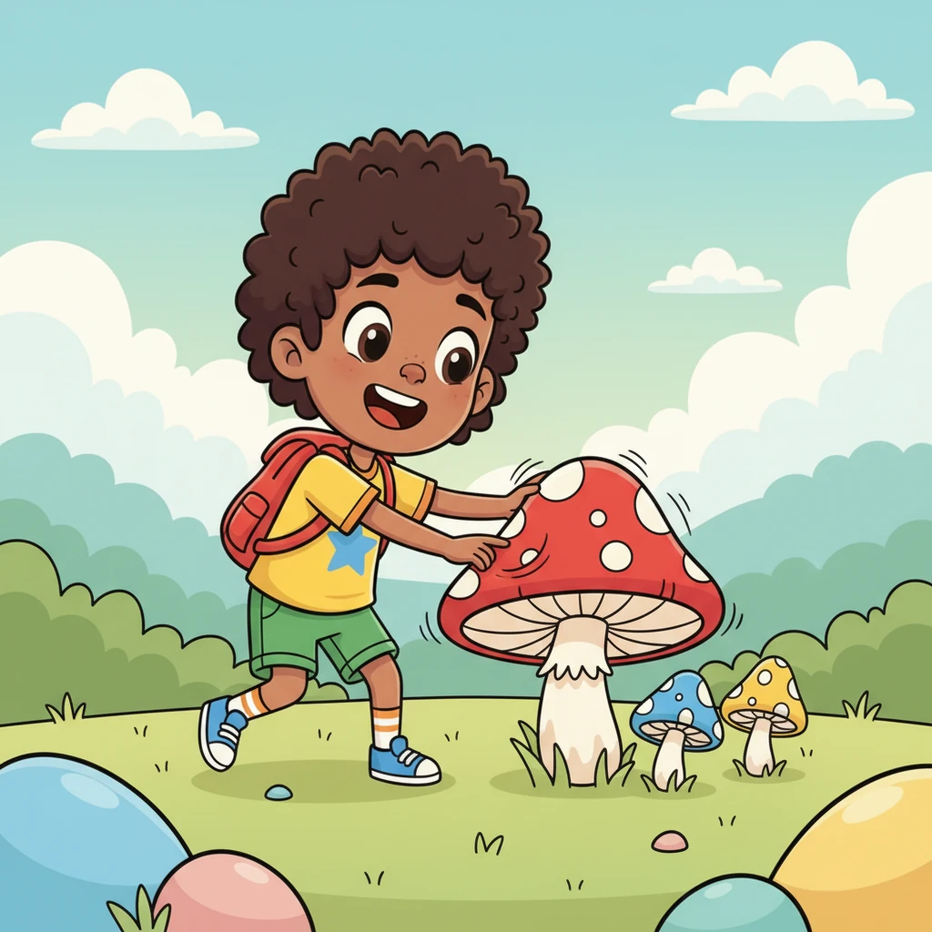 A wide smile spread across Sofiane's face. He carefully tiptoed closer, reaching out to gently poke one of the bouncy mushrooms. It wobbled back, making him giggle. The wobbly-knees feeling had completely disappeared, replaced by a warm, happy hum.