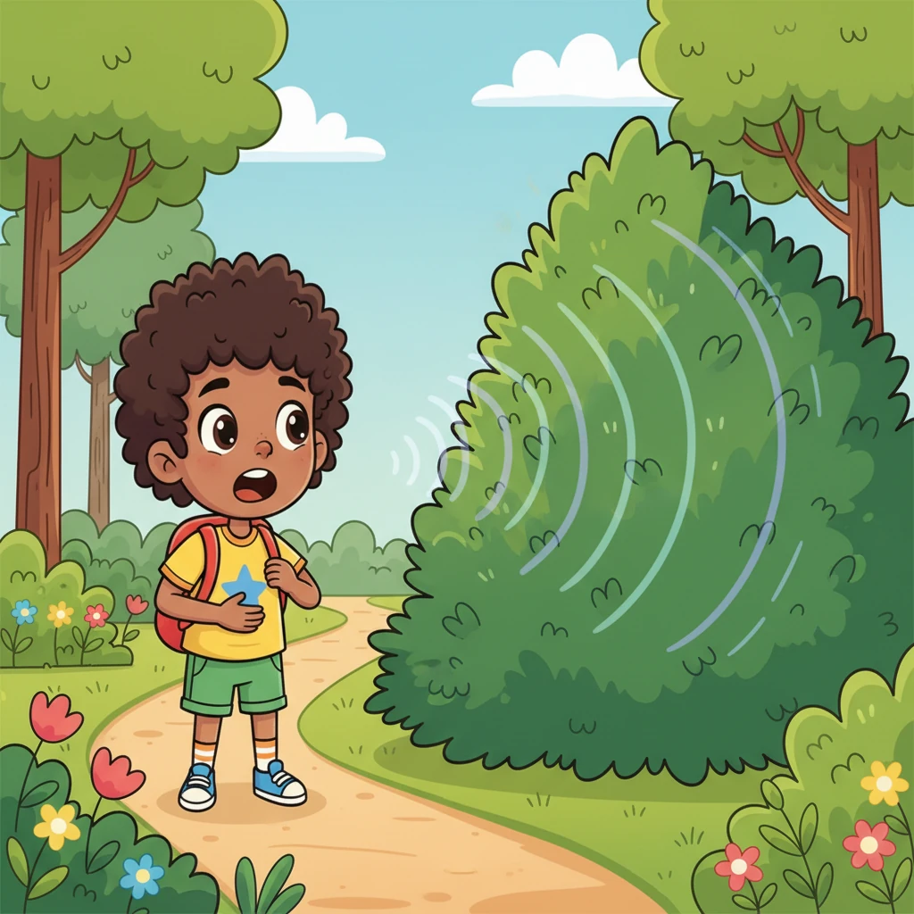 Suddenly, a strange, echoing "WHOOSH!" sound came from behind a tall, leafy bush nearby. Sofiane's tummy did another little flutter-flump. This sound was bigger, louder, and definitely more mysterious than the quiet path. His eyes grew wide.