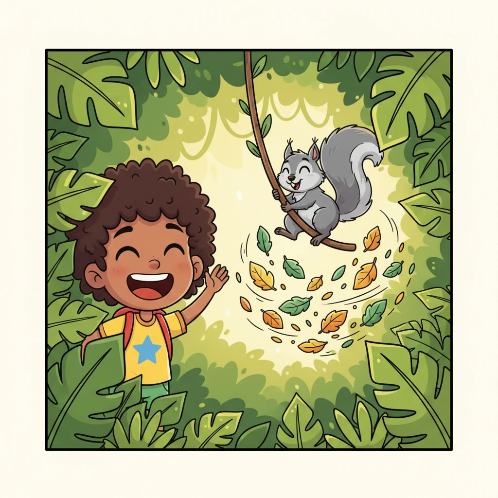 Peeking through the leaves, Sofiane burst into laughter! The "WHOOSH!" was just a playful, fluffy squirrel, swinging on a long vine like it was a trapeze artist, sending leaves flying with each swoosh. It was so silly and wonderful, and Sofiane felt a rush of victorious joy.