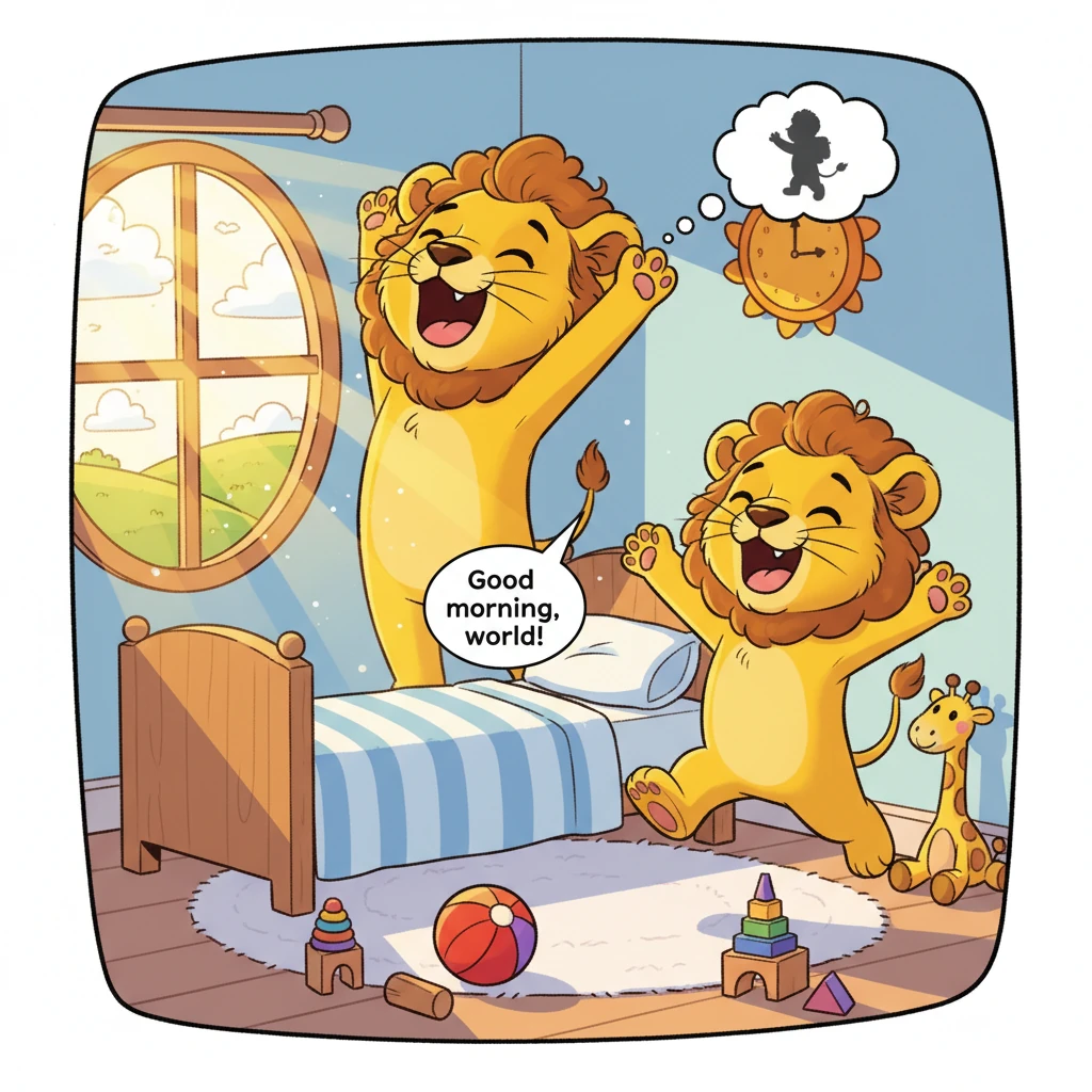 Leo the lion cub stretches wide, a big yawn escaping his happy mouth as the sun peeks through his window. "Good morning, world!" he chirps, his eyes s