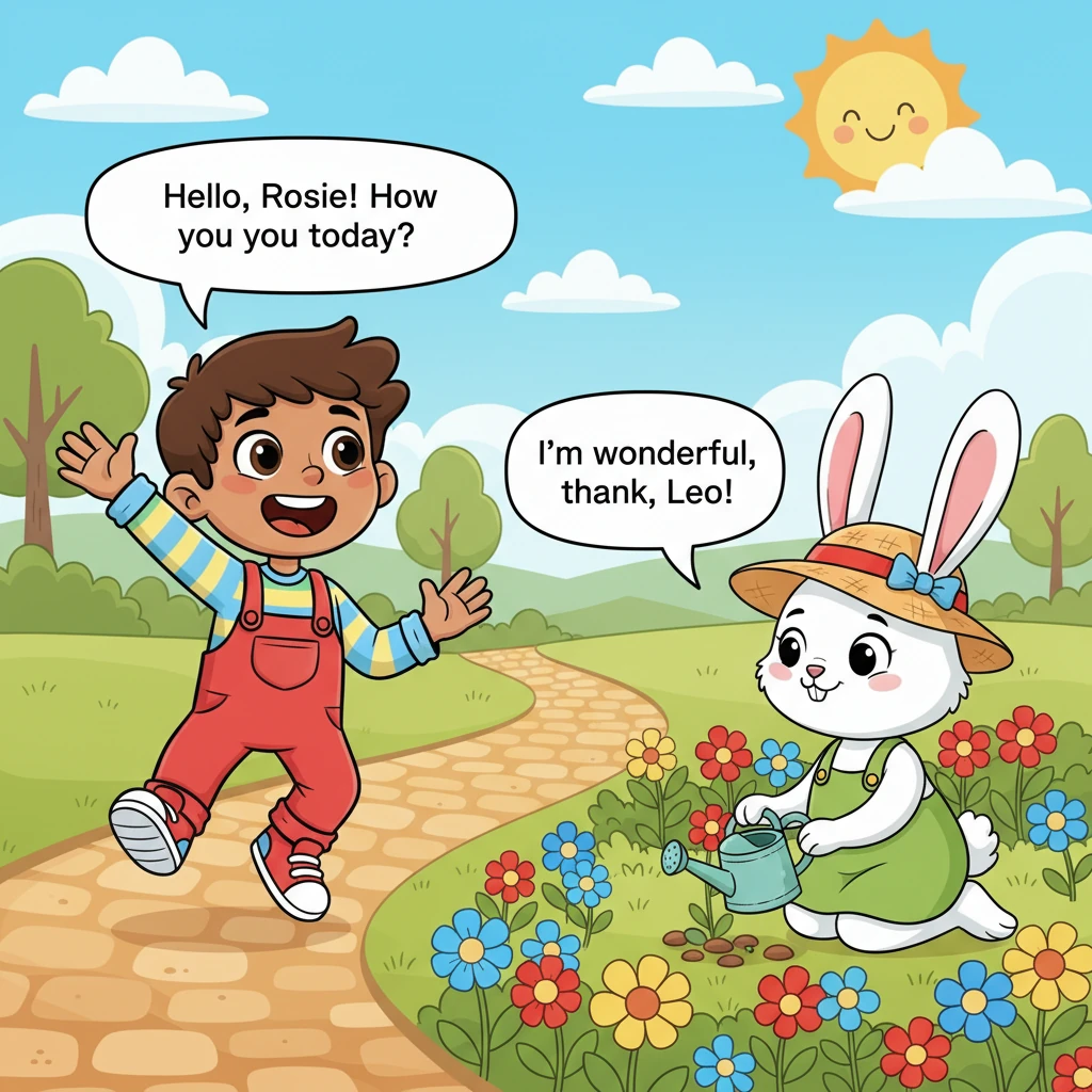 Skipping down a sunny path, Leo spots his friend, Rosie the Rabbit, tending to her vibrant flower patch. "Hello, Rosie! How are you today?" he asks wi