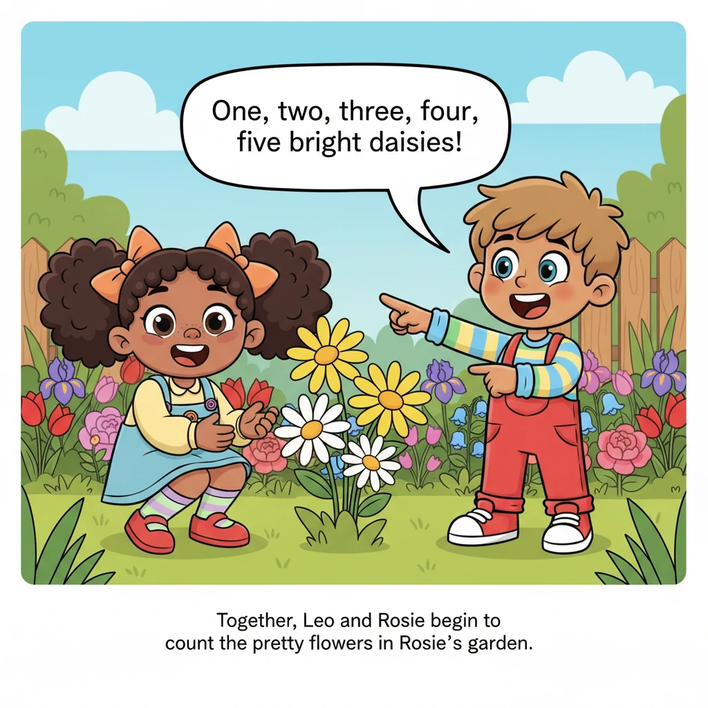 Together, Leo and Rosie begin to count the pretty flowers in Rosie's garden. "One, two, three, four, five bright daisies!" Leo shouts, pointing with a