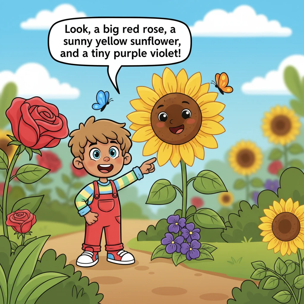 The garden is a beautiful burst of hues, and Leo points out each vibrant shade. "Look, a big red rose, a sunny yellow sunflower, and a tiny purple vio