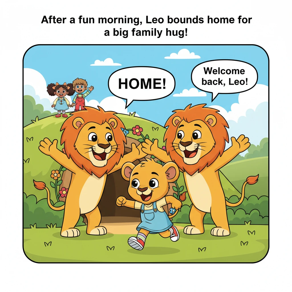 After a fun morning, Leo waves goodbye to Rosie and bounds home, his heart full of warmth. Mama Lion and Papa Lion are waiting with big, loving smiles