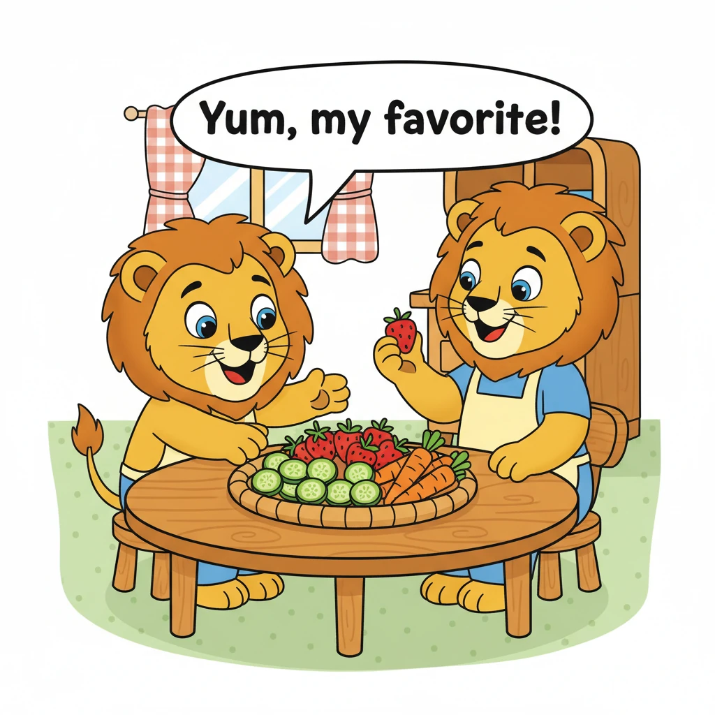 For lunch, Mama Lion has prepared a colorful feast of healthy treats. There are juicy red strawberries, crisp green cucumbers, and sweet orange carrot