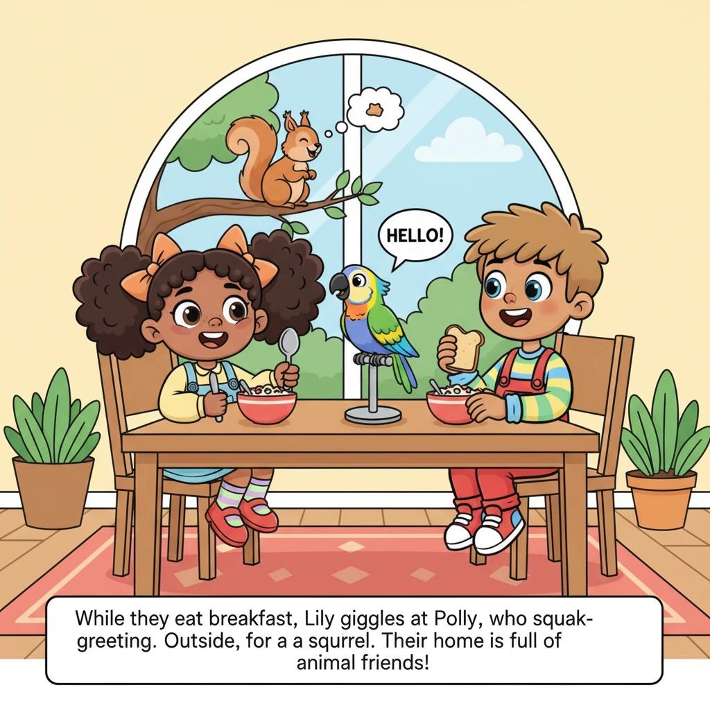 While they eat, Leo's little sister, Lily, giggles at their pet parrot, Polly, who squawks "Hello!" from its perch. Outside the window, a fluffy brown