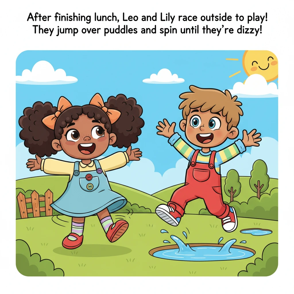 After finishing their yummy lunch, Leo and Lily race outside to play. They run through the grass, jump over small puddles, and spin around until they'