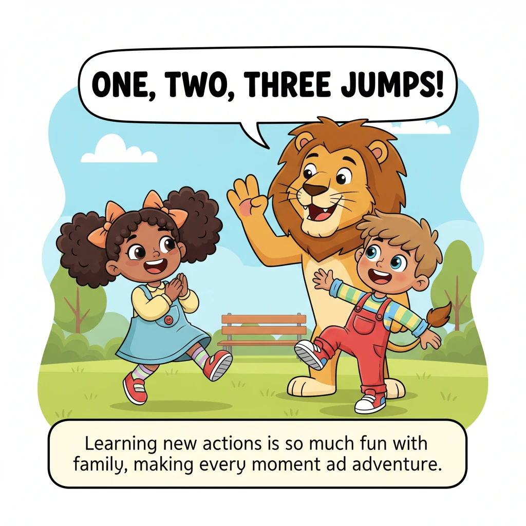 Papa Lion joins their play, making it a game to count how many times they can clap their hands or hop on one foot. "One, two, three jumps!" he counts