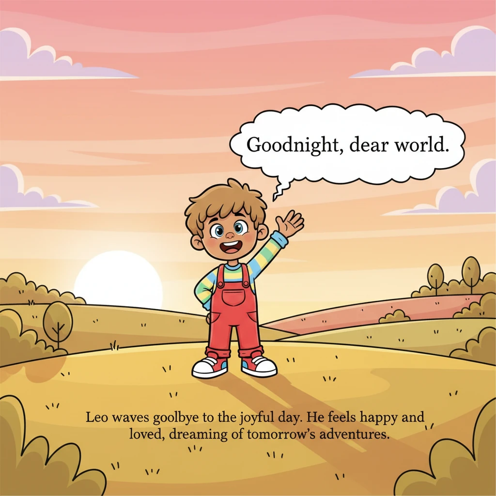 As the sun dips low, painting the sky in soft pinks and oranges, Leo waves goodbye to the joyful day. He feels happy and loved, full of all the wonder