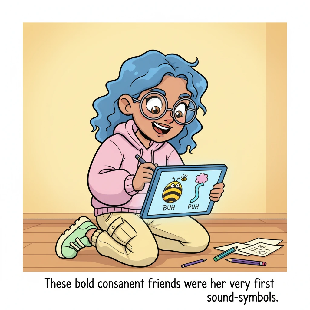 Lexi started with the strong, popping sounds she heard. For the "Buh" of the bee, she drew a bouncy, round shape. For the "Puh" of a popping bubble, s