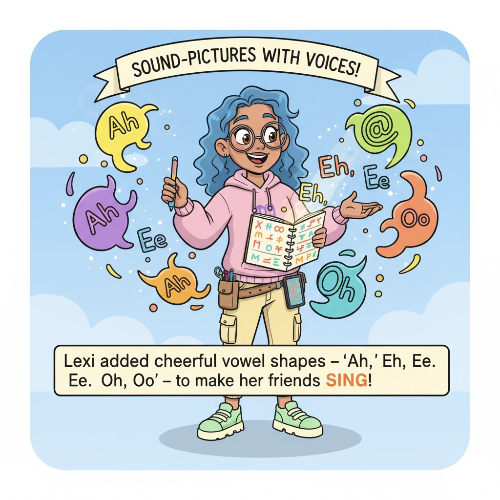 But Lexi soon realized her sound-pictures needed voices to truly sing. She added cheerful, swirly shapes for the "Ah," "Eh," "Ee," "Oh," and "Oo" soun