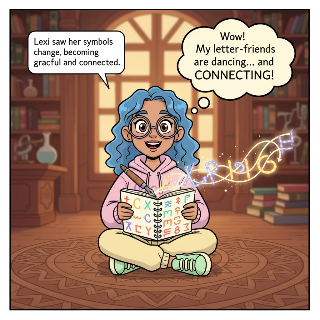 When Lexi tried to write a long word, she saw her symbols could change a little to fit better. A sharp, pointy sound might soften its edges when next