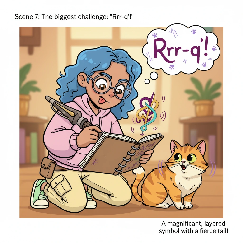 Then came the biggest challenge: capturing the rumbling, purring sound of her cat, "Rrr-q'!". Lexi concentrated hard, her tongue wiggling. She drew a