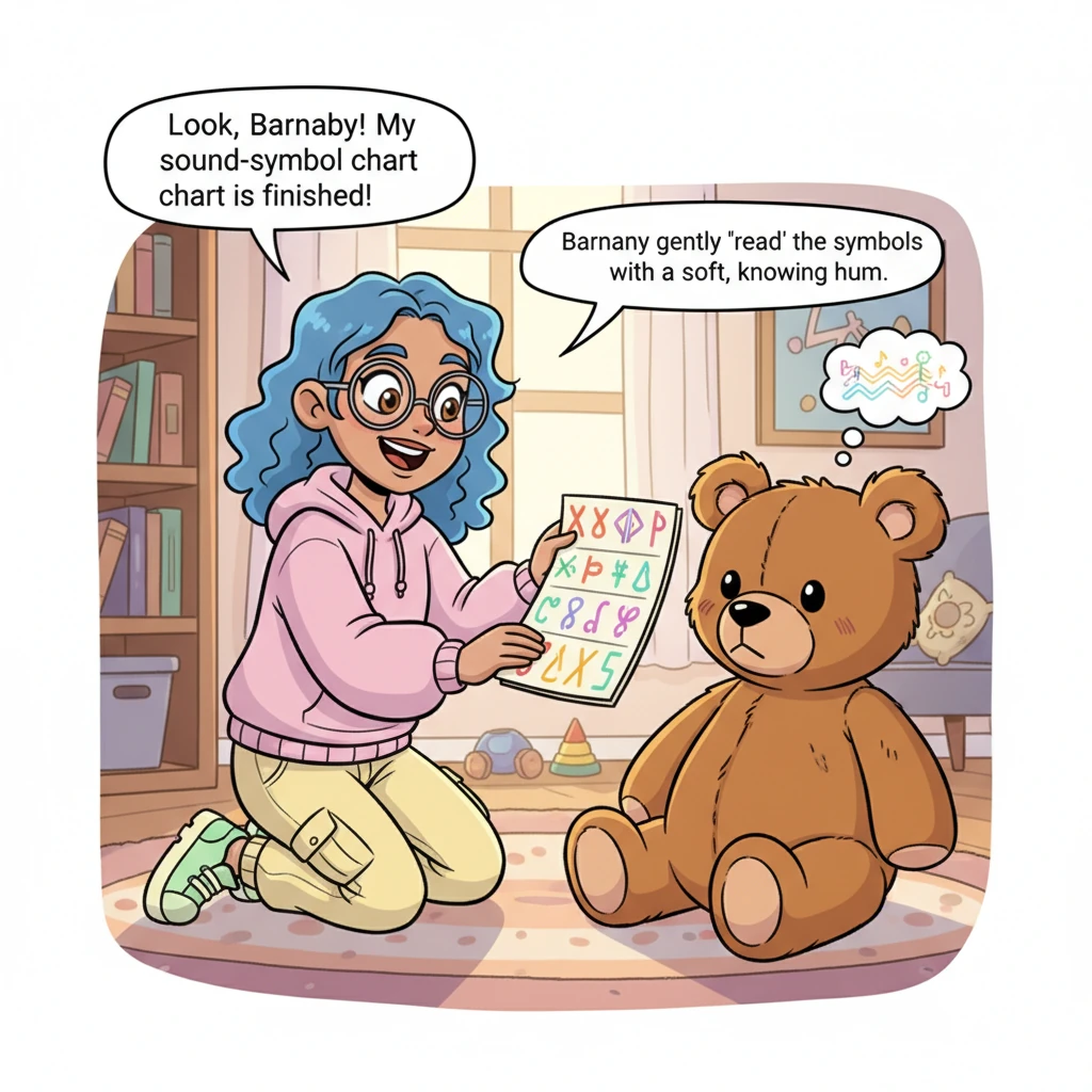 Lexi excitedly showed her finished chart of sound-symbols to her wise old teddy bear, Barnaby. Barnaby, with his button eyes, seemed to nod in approva
