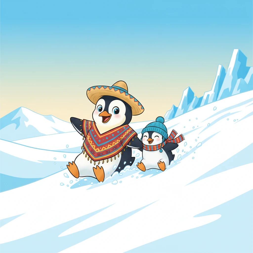 En la helada Antártida, vivían dos pingüinos hermanos, Pingüi, el mayor, y el pequeño Pingüinititi. Eran blancos y negros, con ojos azules, patitas azules y narices naranjas. Les encantaba jugar en la nieve y chapotear en el agua helada.