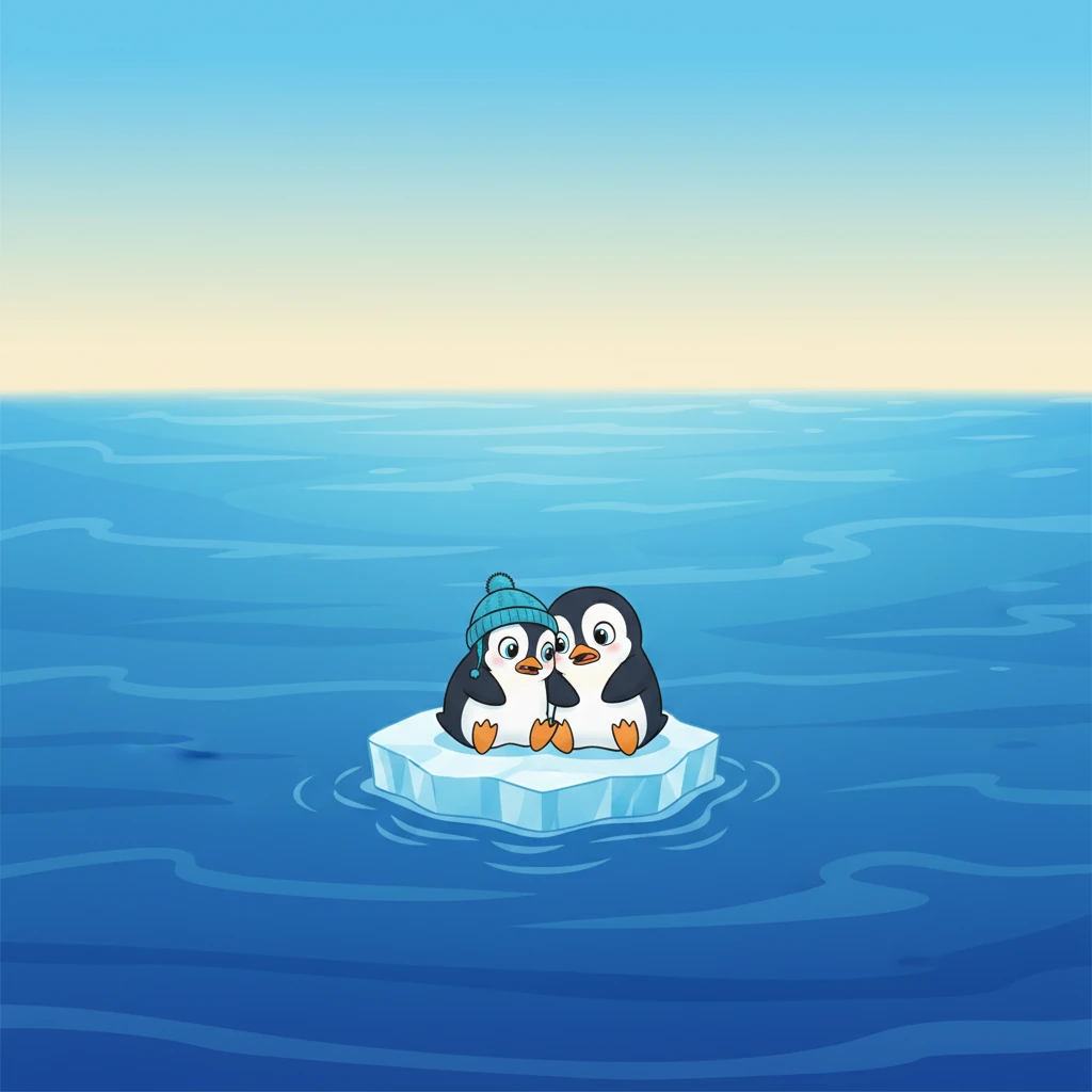 Flotando a la deriva en un trozo de hielo, Pingüi y Pingüinititi se sentían muy pequeños y solos. El océano era inmenso y desconocido. Miraban a su alrededor con ojos asustados, aferrándose el uno al otro.