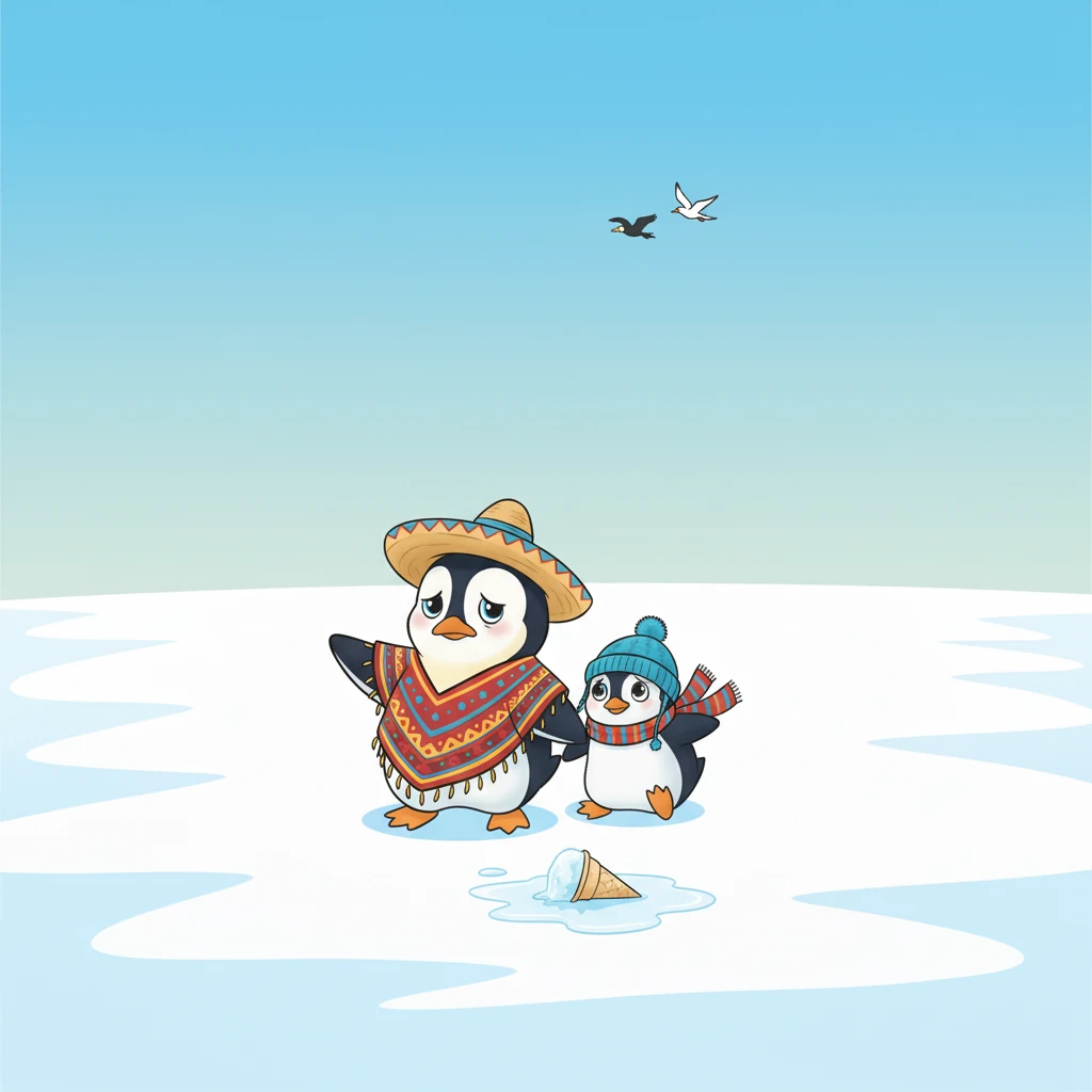 Pero el cormorán y el gaviotín eran demasiado pequeños para llevarlos. Se despidieron, prometiendo que les contarían a sus amigos sobre los pingüinos a la deriva. Pingüi y Pingüinititi se quedaron solos de nuevo, sintiendo un poco de tristeza.