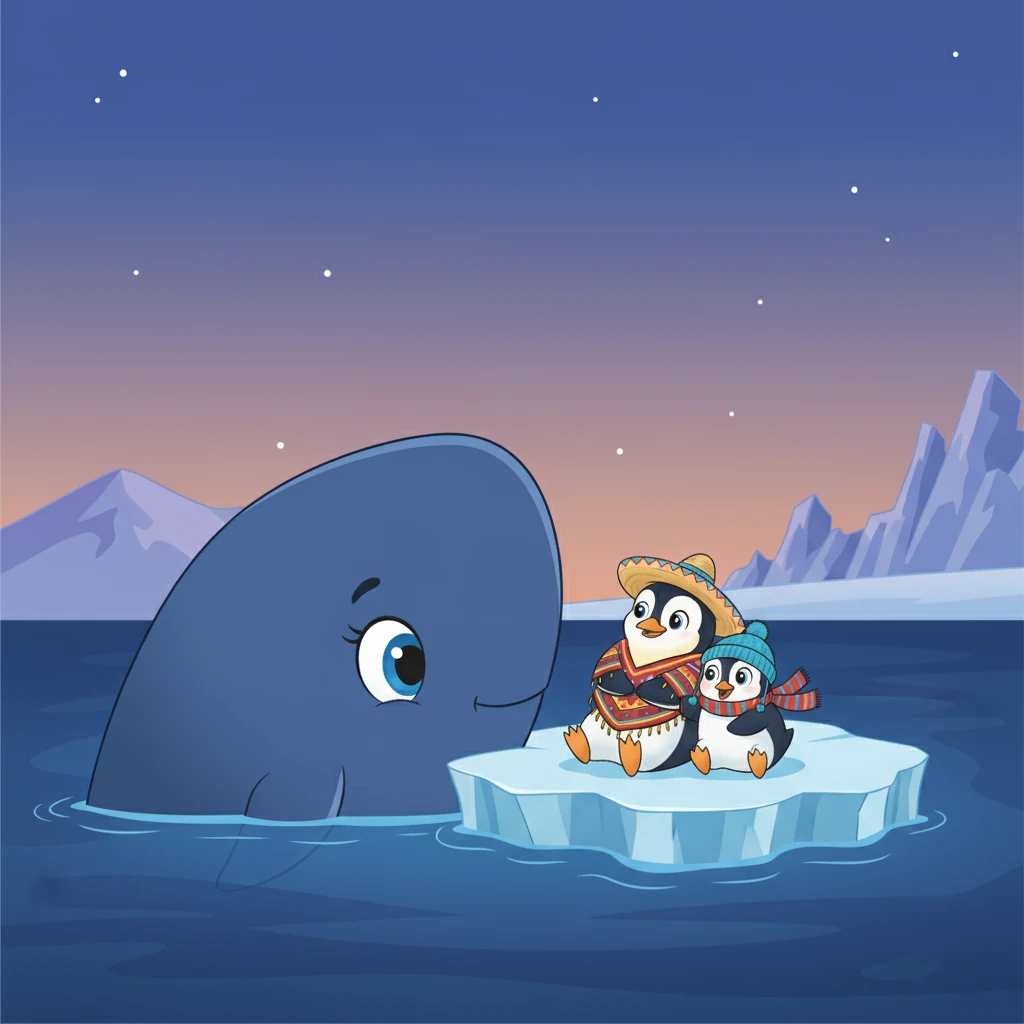Cuando la noche empezaba a caer, una sombra gigantesca apareció bajo el agua. Era una enorme ballena azul, con ojos grandes y curiosos. Se acercó suavemente al trozo de hielo donde estaban los hermanos.