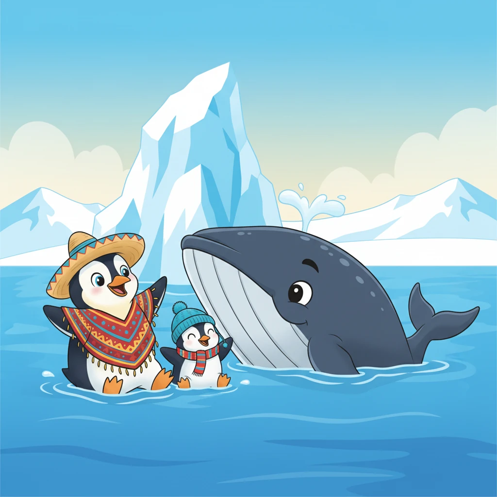 La ballena, con una voz profunda y resonante, les preguntó: "¿Qué hacen tan lejos de casa, pequeños amigos?". Pingüi y Pingüinititi le contaron su historia y los maravillosos lugares que habían oído.