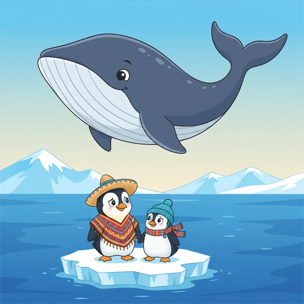 "Ah, el Mundo de Colores", dijo la ballena sonriendo. "Es un lugar hermoso, pero está muy, muy lejos de aquí. Ustedes no pueden llegar solos". Los pingüinos sintieron un nudo en la garganta.