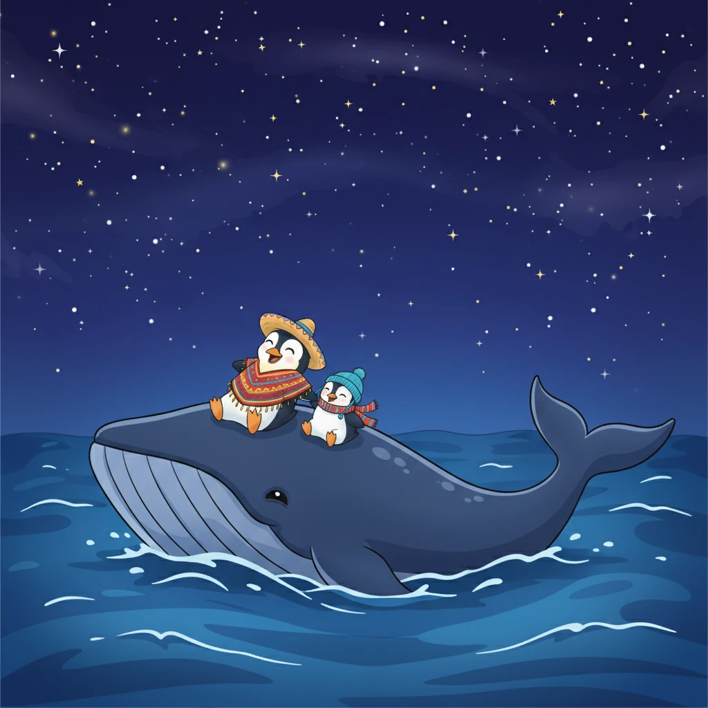 La ballena nadó con calma a través del océano, llevando a los hermanos de regreso a su hogar helado. El viaje fue largo, pero se sintieron seguros sobre el lomo de su nueva amiga gigante. Miraban las estrellas.