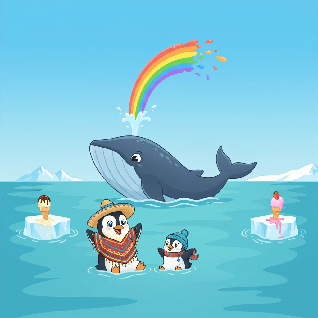 Pingüi y Pingüinititi agitaron sus aletas con emoción. Sabían que algún día conocerían ese lugar mágico. La ballena se despidió con un chorro de agua que formó un arcoíris en el cielo.