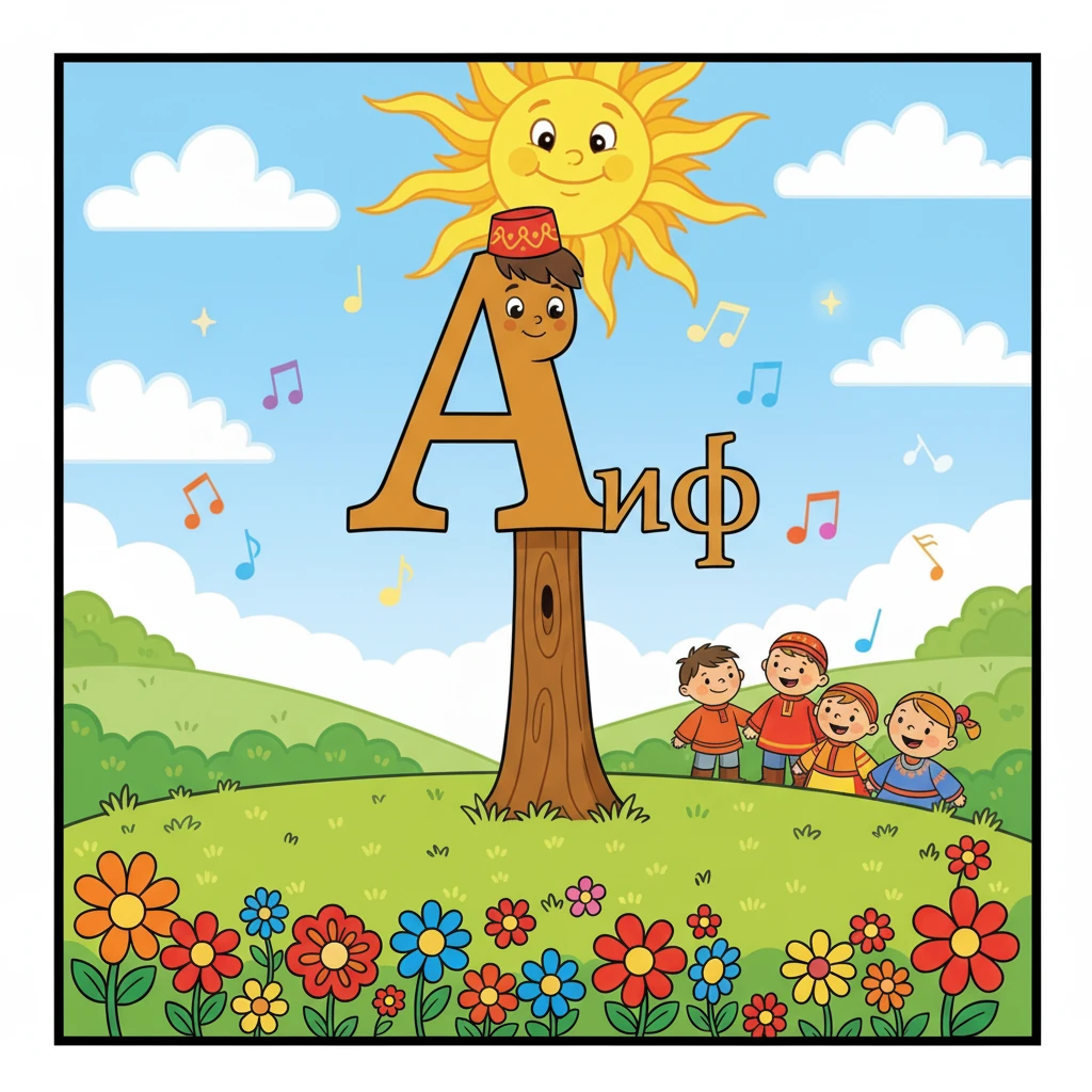 Появилась гордая буква Алиф, высокая и стройная, как дерево. Она важно выпрямилась, демонстрируя свою прямую осанку. Алиф рассказала, что она первая буква в алфавите, и без нее многие слова не могут начаться. Ей было немного одиноко.