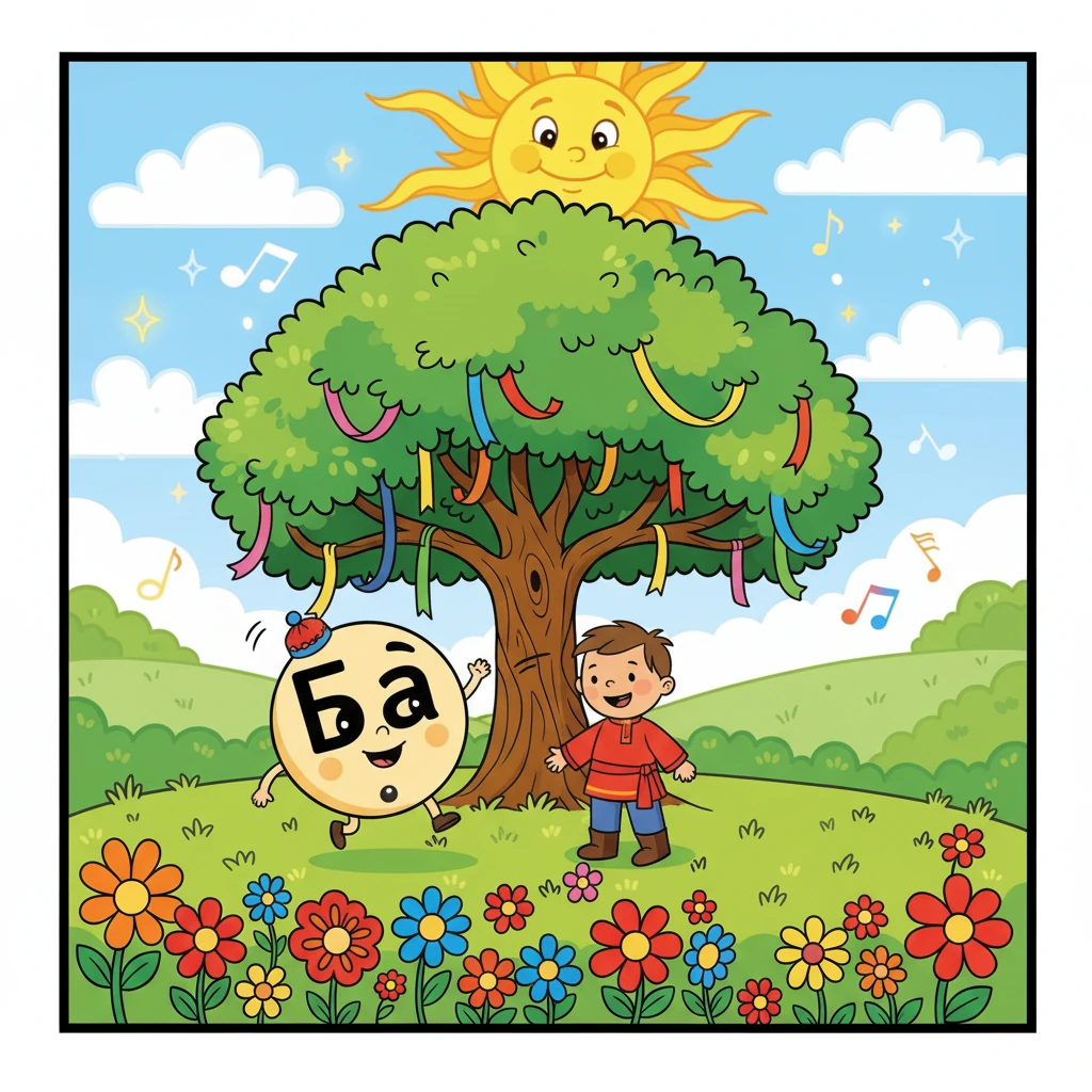 Из-за дерева появилась круглая и веселая буква Ба. Она подбежала к Алиф, предлагая дружбу. Ба объяснила, что у нее есть волшебная точка, как будто она несет жемчужину. Алиф обрадовалась, и они решили встать рядом.