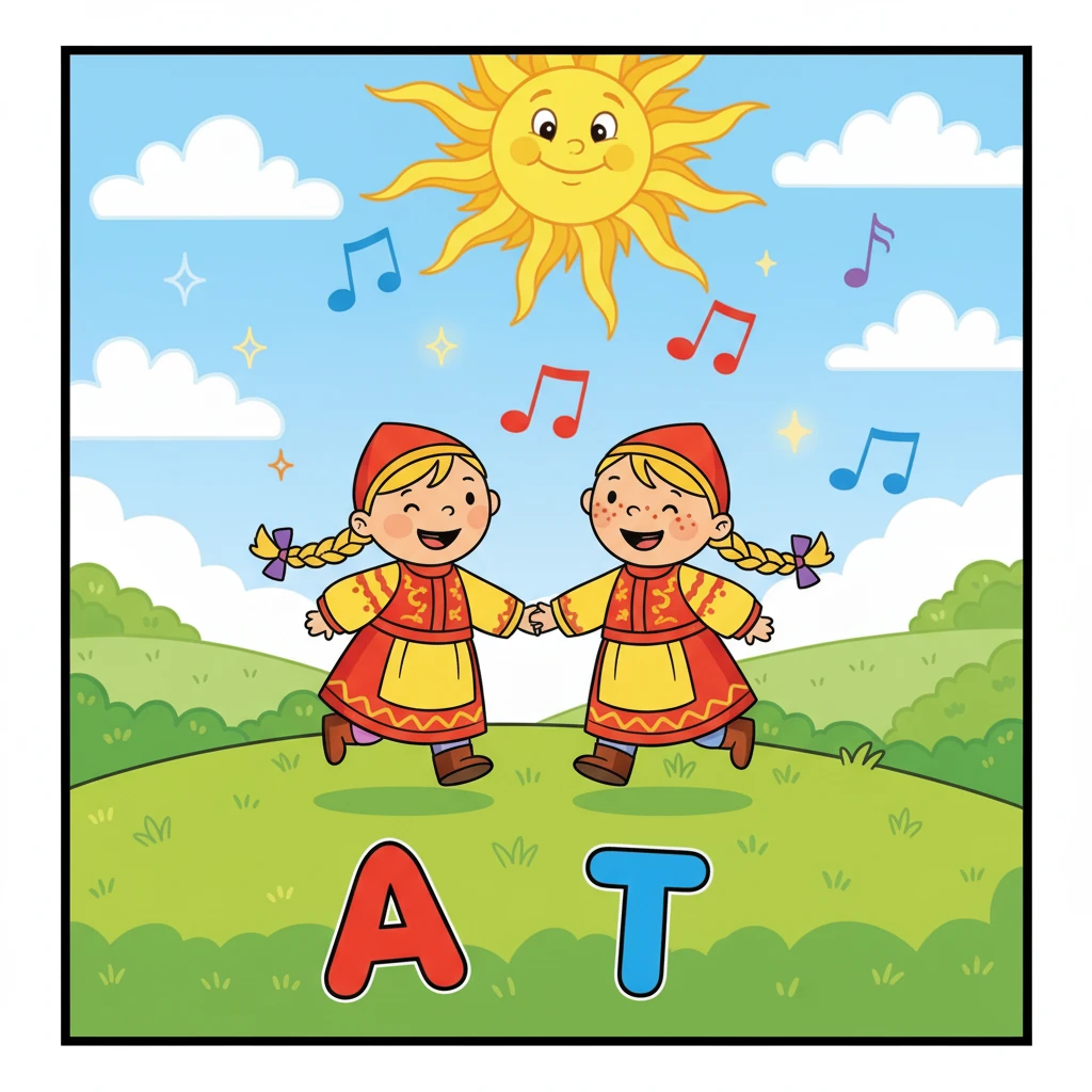 Вдруг появилась Та, похожая на Ба, но с двумя точками на голове, словно две веселые веснушки. Она предложила поиграть в игру «Точки-прыгунки». Ба и Та стали дружить, и вместе они образовали слово «А-Т», начало слова «сестра».