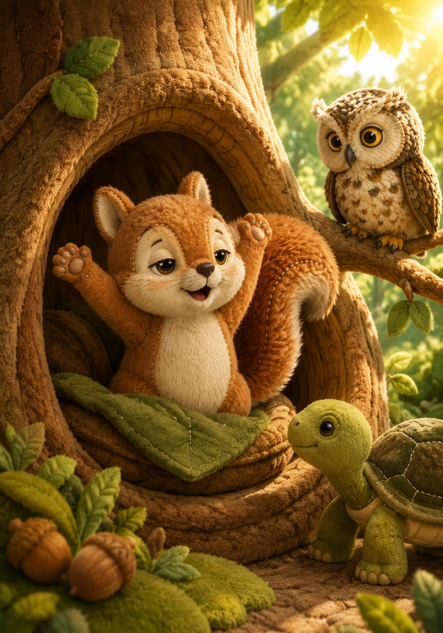 Pip the little squirrel woke up in his cozy tree hollow as the morning sun peeked through the leaves. He stretched his tiny paws and flicked his bushy tail, ready for a brand new day in the emerald forest.