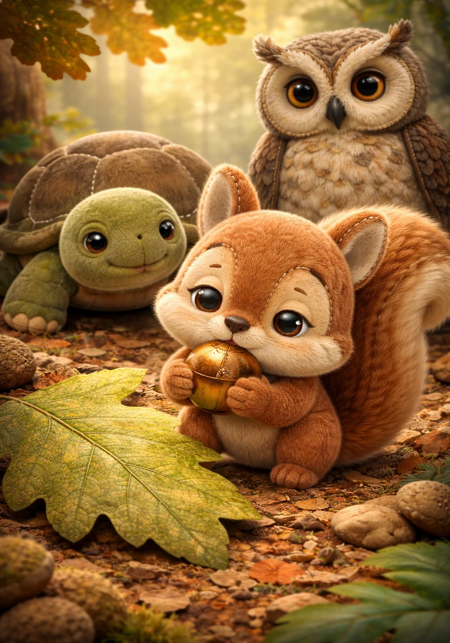 Down on the forest floor, Pip found a perfectly round, golden acorn tucked under a giant oak leaf. He held it close and felt the smooth shell, marveling at his first treasure of the morning.