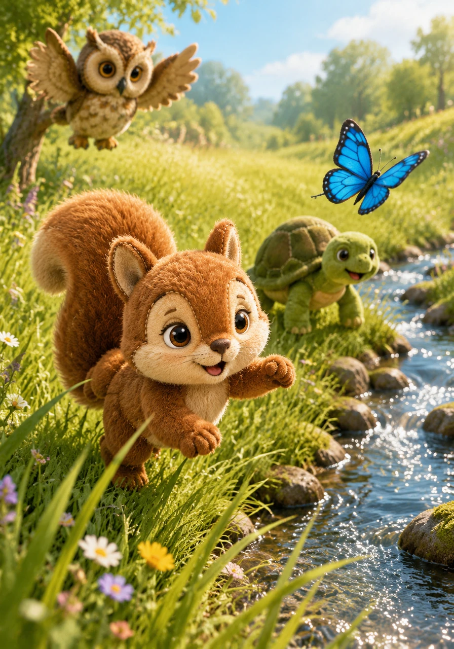 In a sun-drenched meadow, Pip chased a bright blue butterfly through the tall, dancing grass. The butterfly fluttered high and low, leading Pip on a playful dance toward the sparkling brook.