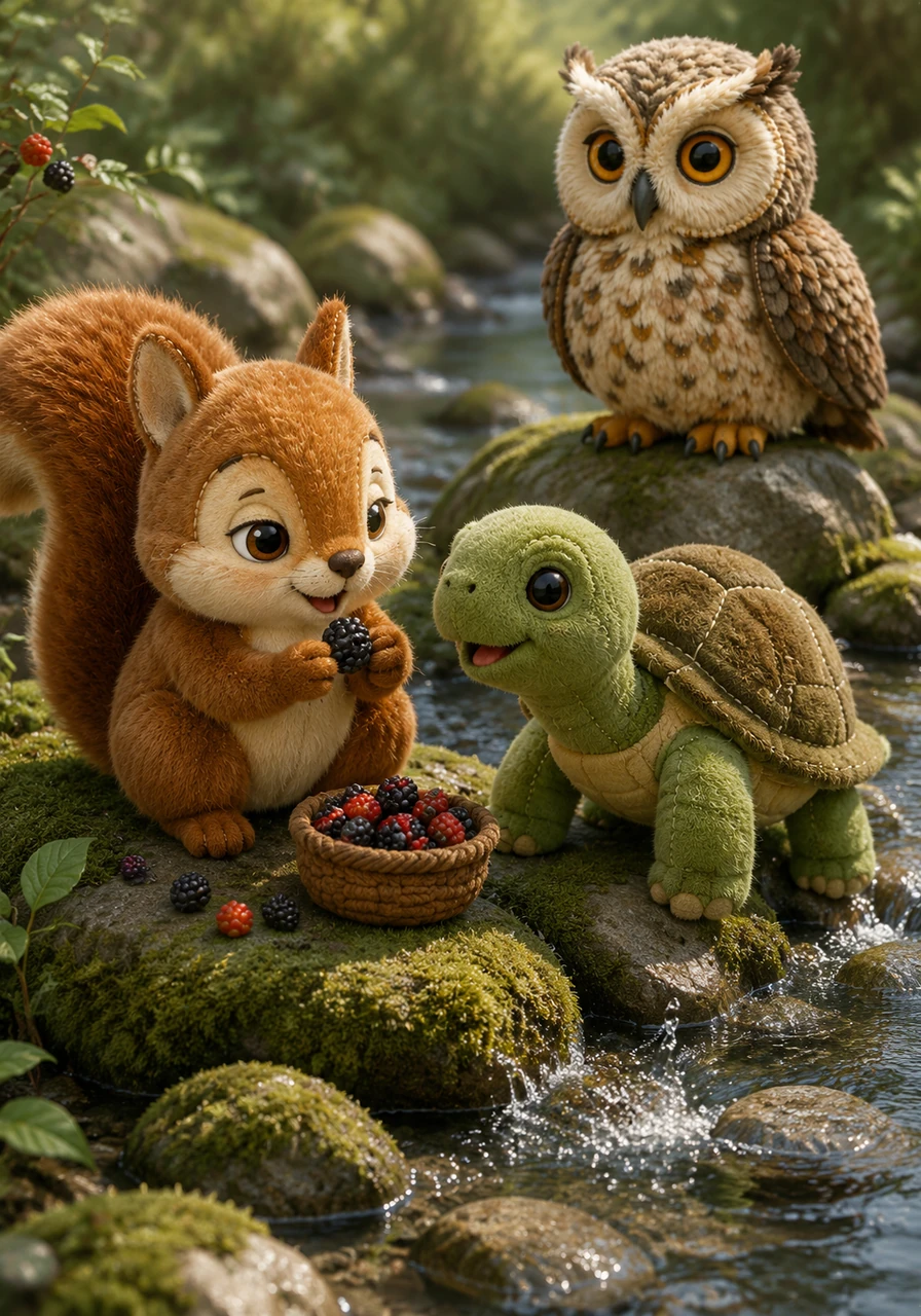 By the water’s edge, Pip met his friend Toby the Turtle, who was moving slowly across the mossy stones. They shared a snack of sweet wild berries while listening to the gentle splash of the water.