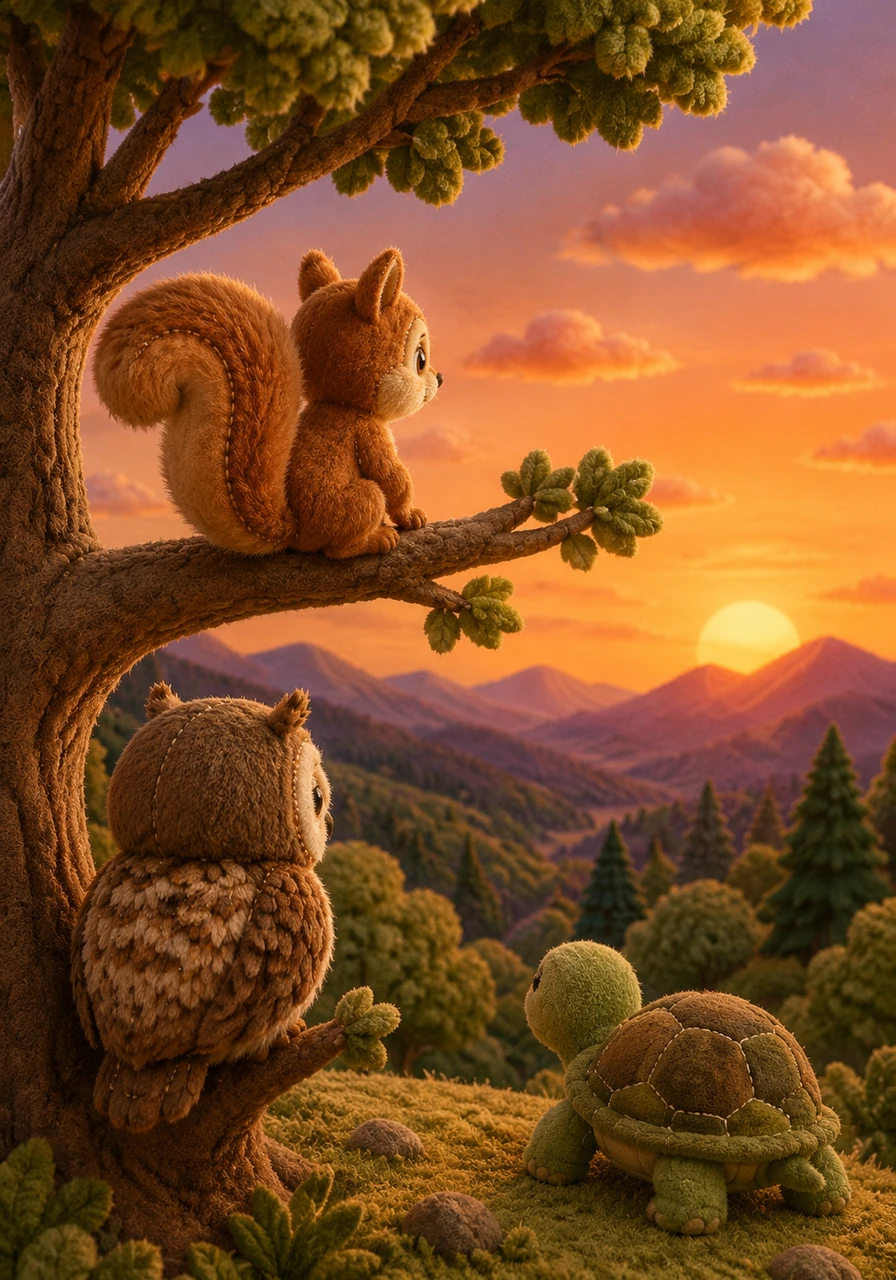 As the afternoon faded, the sky turned into a beautiful canvas of soft orange and dusty pink. Pip climbed a high branch to watch the sun begin its slow descent behind the distant, purple mountains.