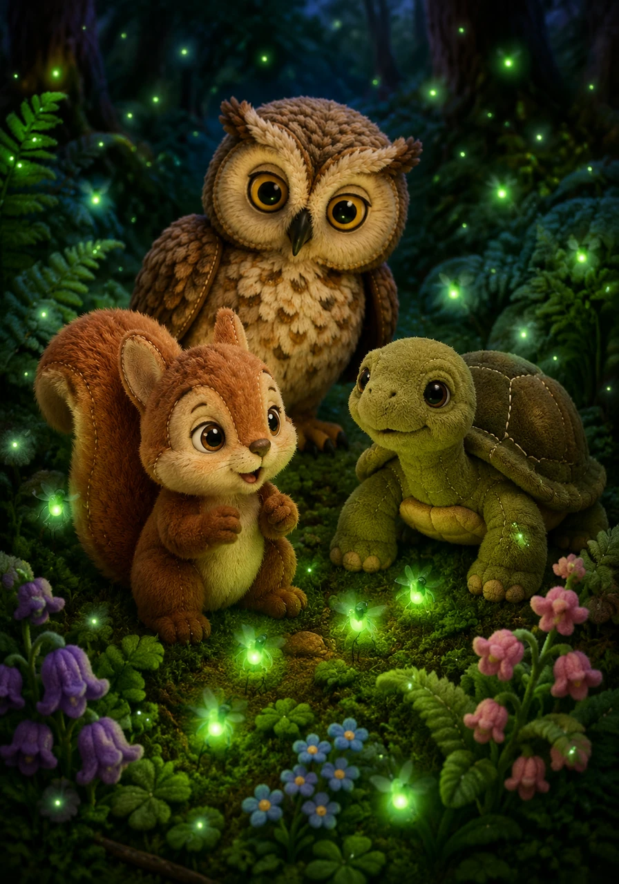 Tiny fireflies began to blink like little emerald stars among the ferns and flowers. Pip watched in wonder as the forest floor started to glow with their magical, flickering lights.