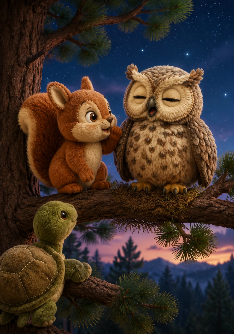 High up in a pine tree, Pip whispered a quiet goodnight to Barnaby the Owl. The wise old bird blinked his large, golden eyes and hooted a soft, comforting song into the cooling evening air.