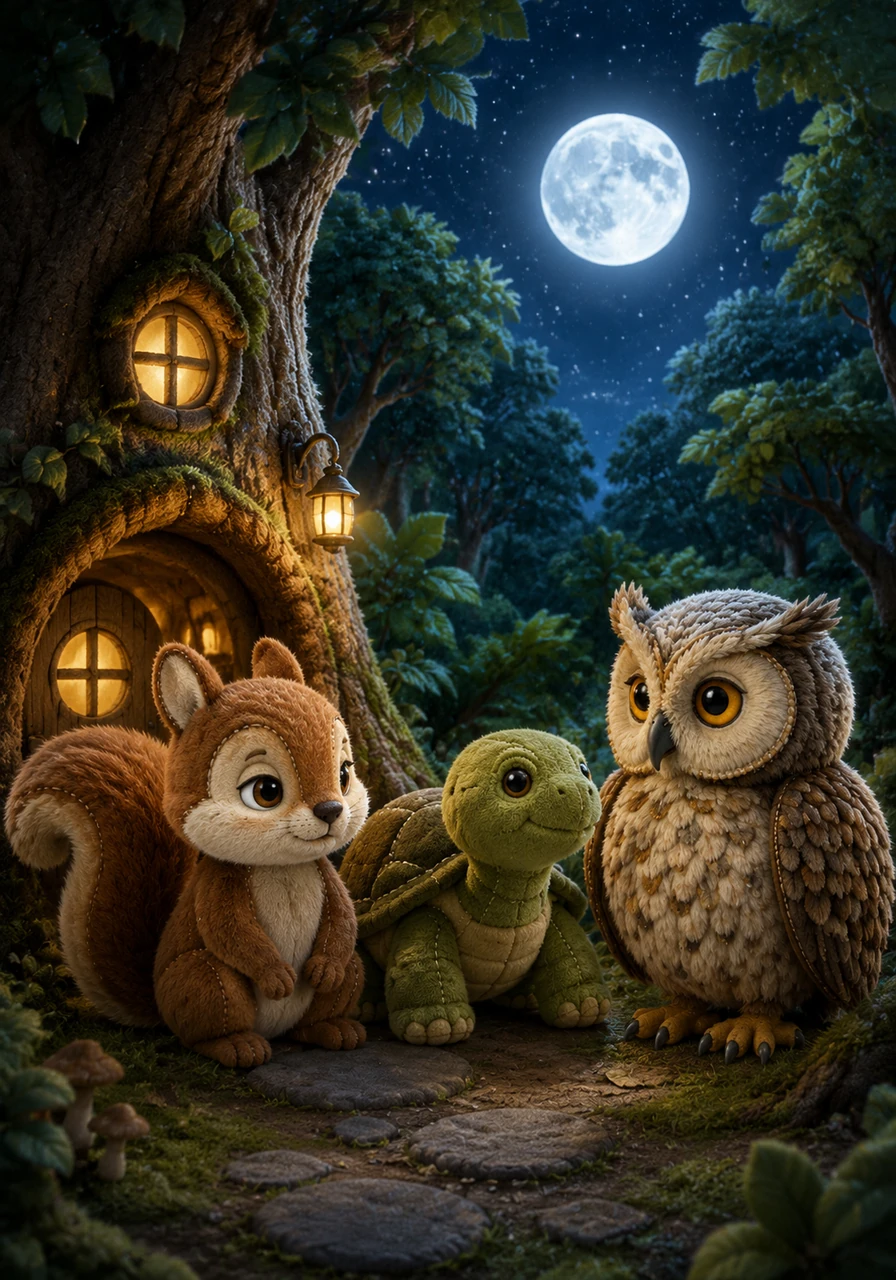 The forest grew very still, and the only sound was the gentle rustle of leaves in the evening breeze. A silver moon rose high in the sky, casting a soft, protective glow over Pip's woodland home.