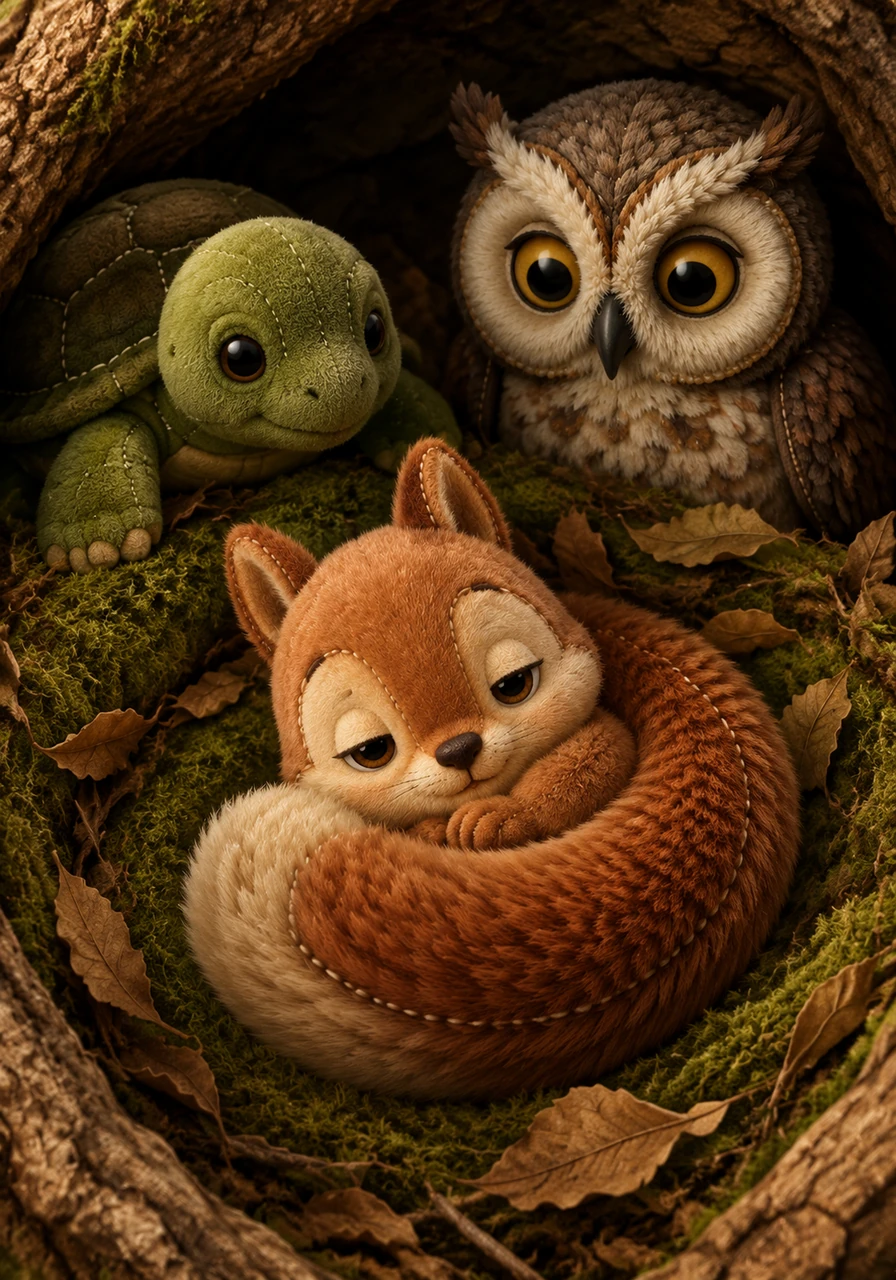 Pip climbed back into his warm nest, which was lined with soft green moss and dry, fragrant leaves. He curled his tail around his body like a fluffy blanket, feeling safe, warm, and snug.